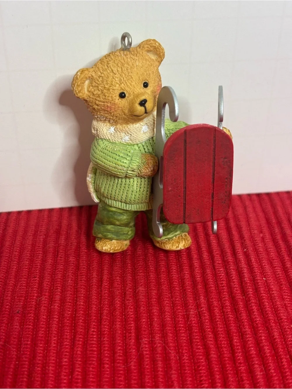 Hallmark Dexter Next Bear Ornament in Green Sweater with Red Sled